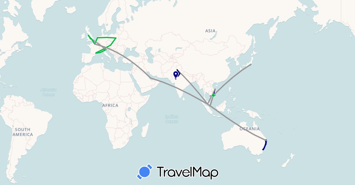TravelMap itinerary: driving, bus, plane in Austria, Australia, Germany, France, United Kingdom, India, Italy, Japan, Malaysia, Netherlands, Poland, Qatar, Singapore, Vietnam (Asia, Europe, Oceania)